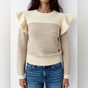NEW LC Lauren Conrad Beige Knit Striped Ruffles Sweater Top Sz XS